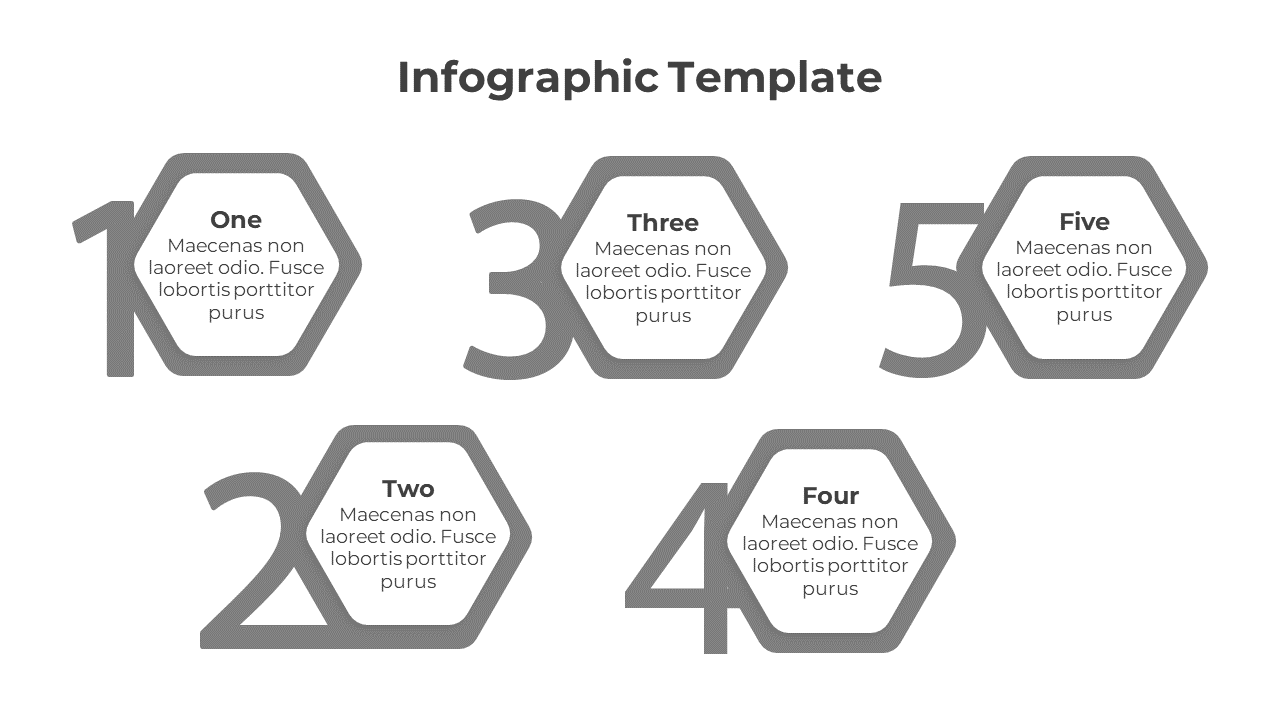Gray infographic template with five hexagonal sections labeled with numbers and placeholder text inside.