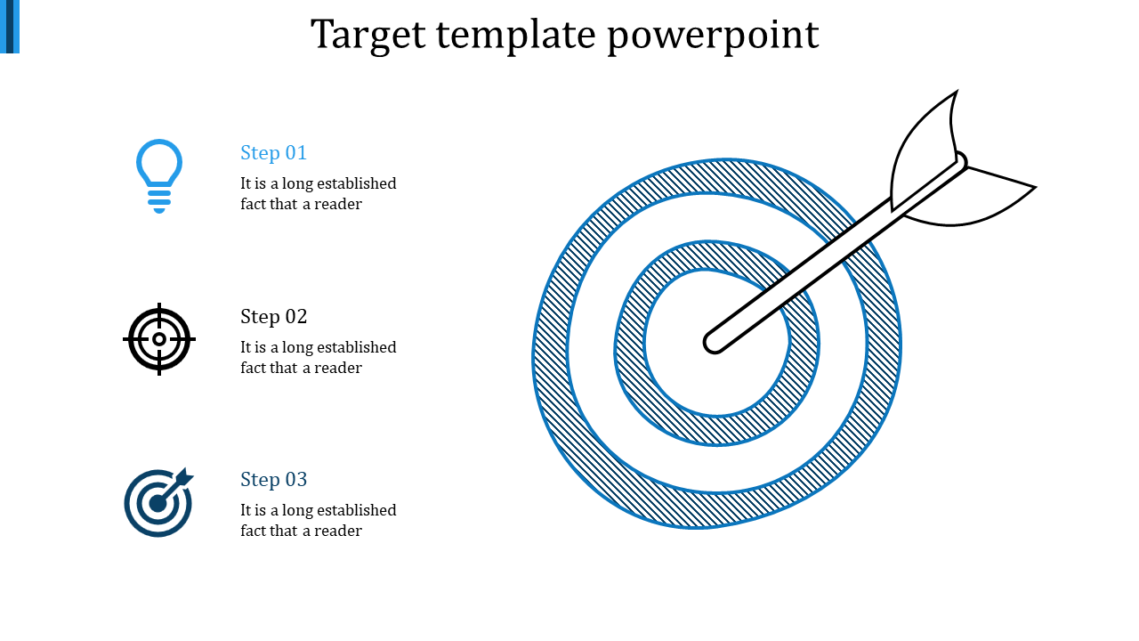 Target diagram with blue concentric circles, an arrow, and three steps with icons and text on a white background.
