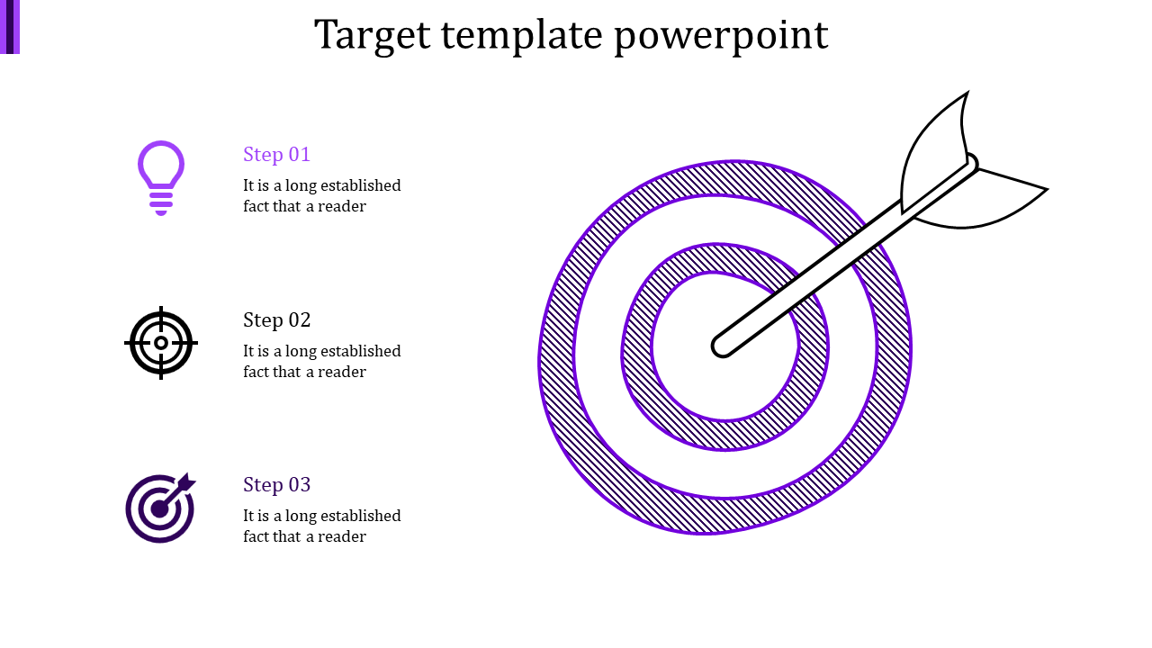Circular target with a dart in the center, next to three steps with icons representing light bulb, target, and dart.