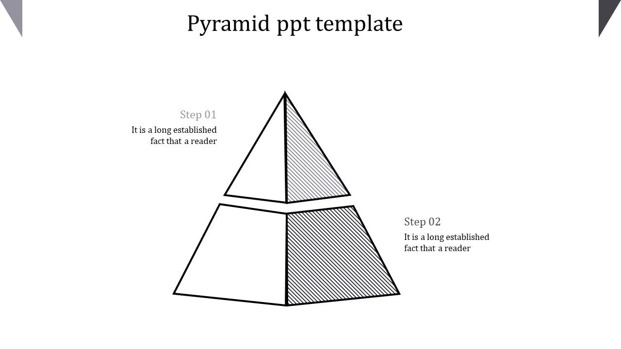 Pyramid diagram with two levels, alternating white and gray striped sections, labeled steps on both sides.