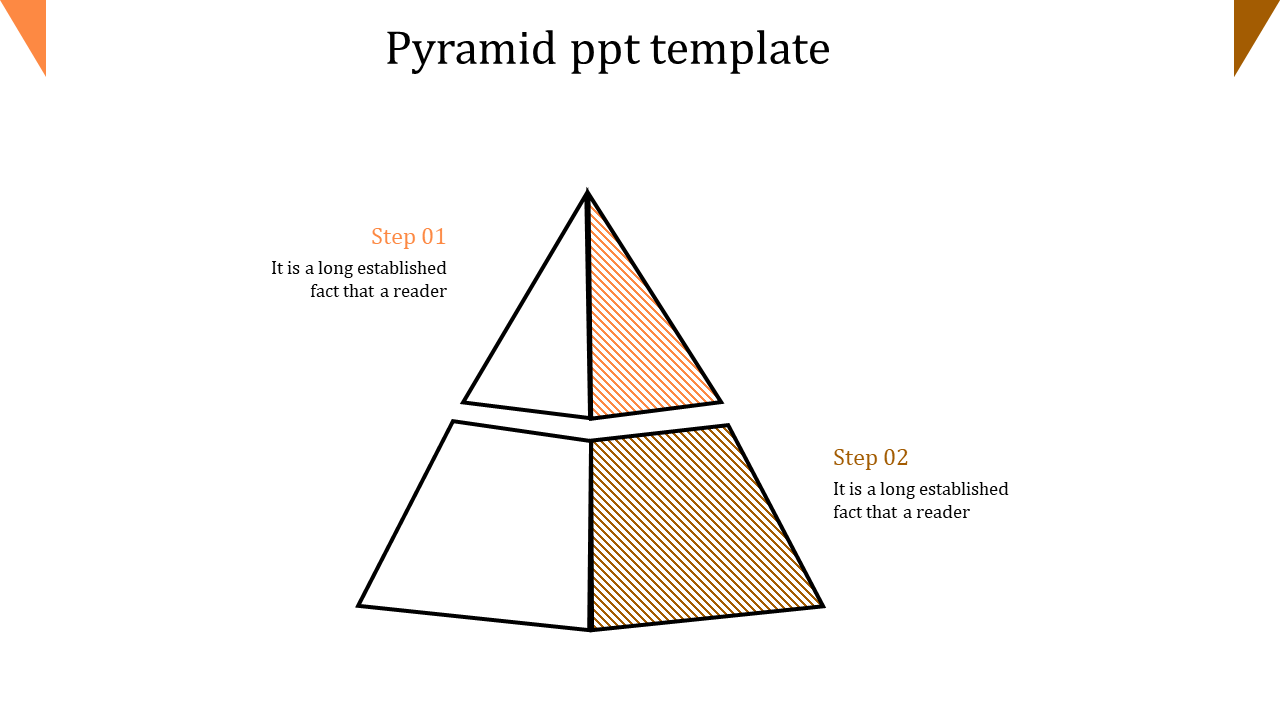 Pyramid PowerPoint slide with two steps, labeled Step 01 and 02, using orange colors and striped patterns.