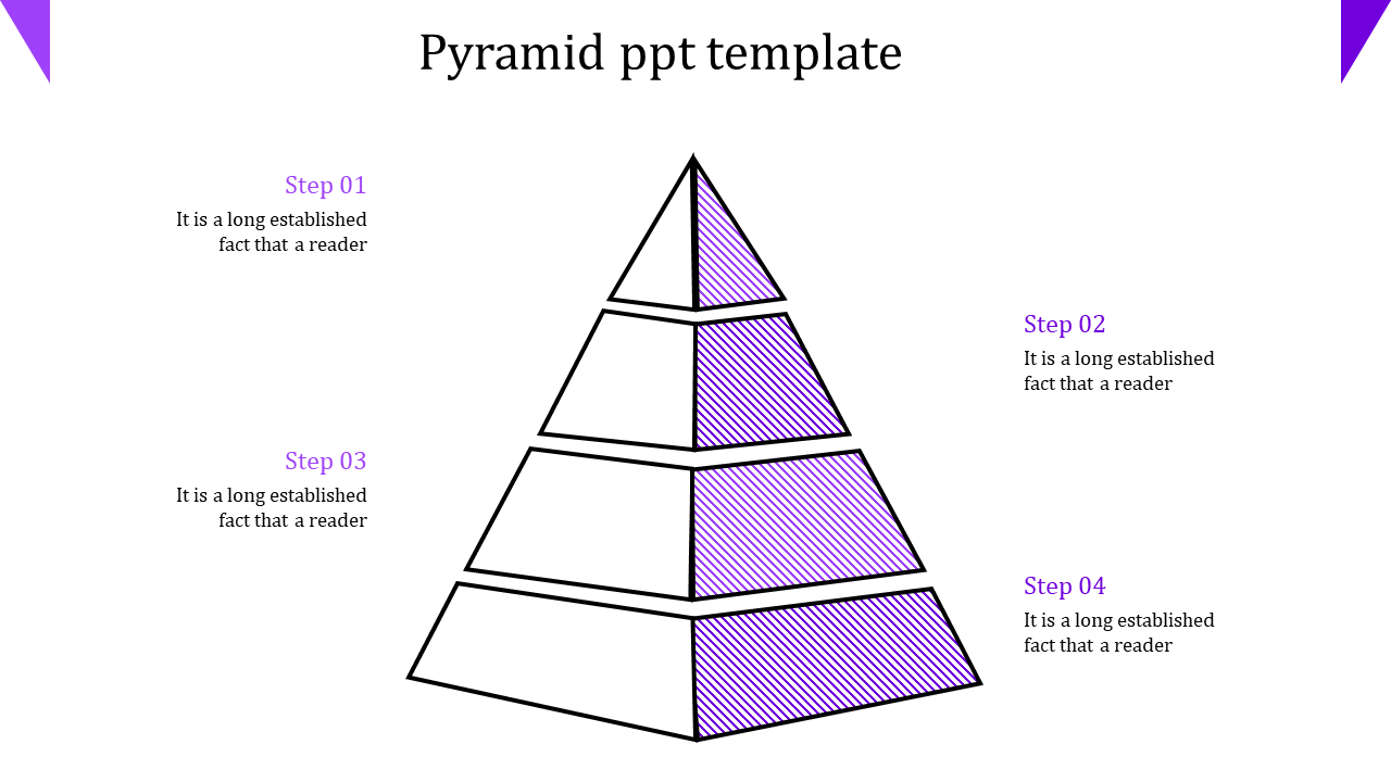 Four tiered pyramid with purple and white sections, labeled steps and descriptions positioned on both sides.