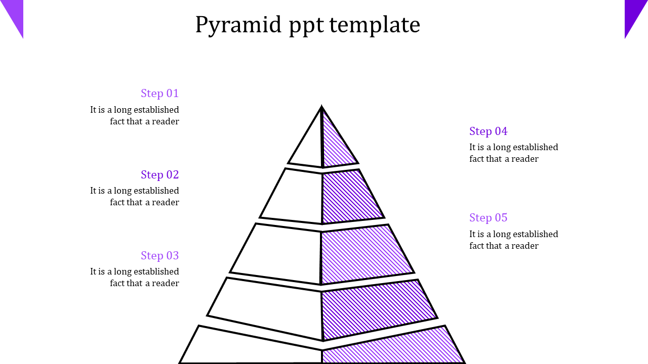Purple colored pyramid graphic with five steps, each labeled Step 01 through 05 in a PowerPoint template.