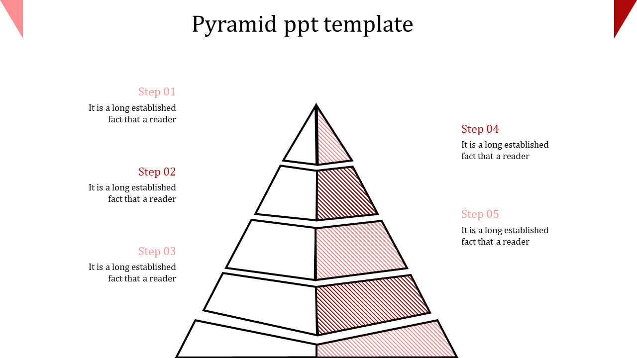Five level pyramid diagram slide with red and pink shaded areas, with steps numbered from 01 to 05.