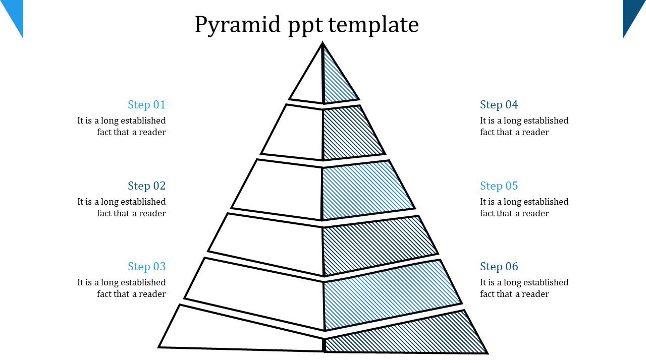 Pyramid diagram slide with six steps, each labeled Step 01 through 06, with alternating blue striped sections.