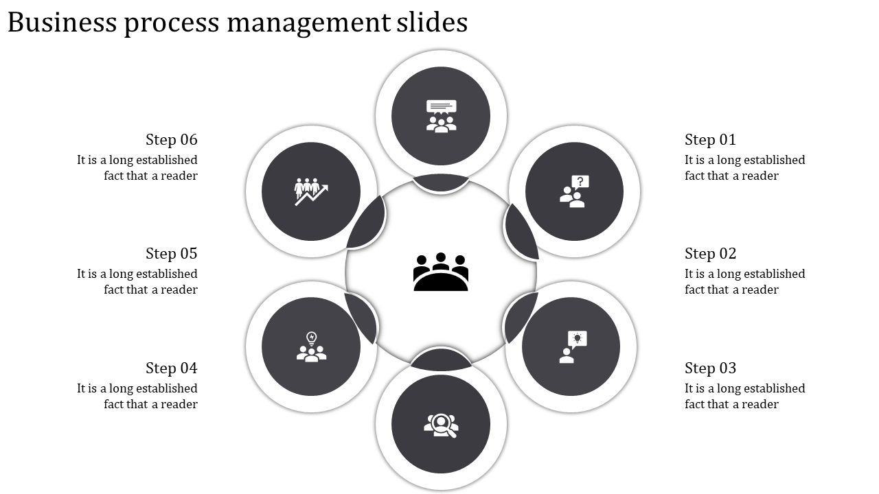 Six step business diagram with gray circles, icons inside, and descriptive captions placed around the layout.