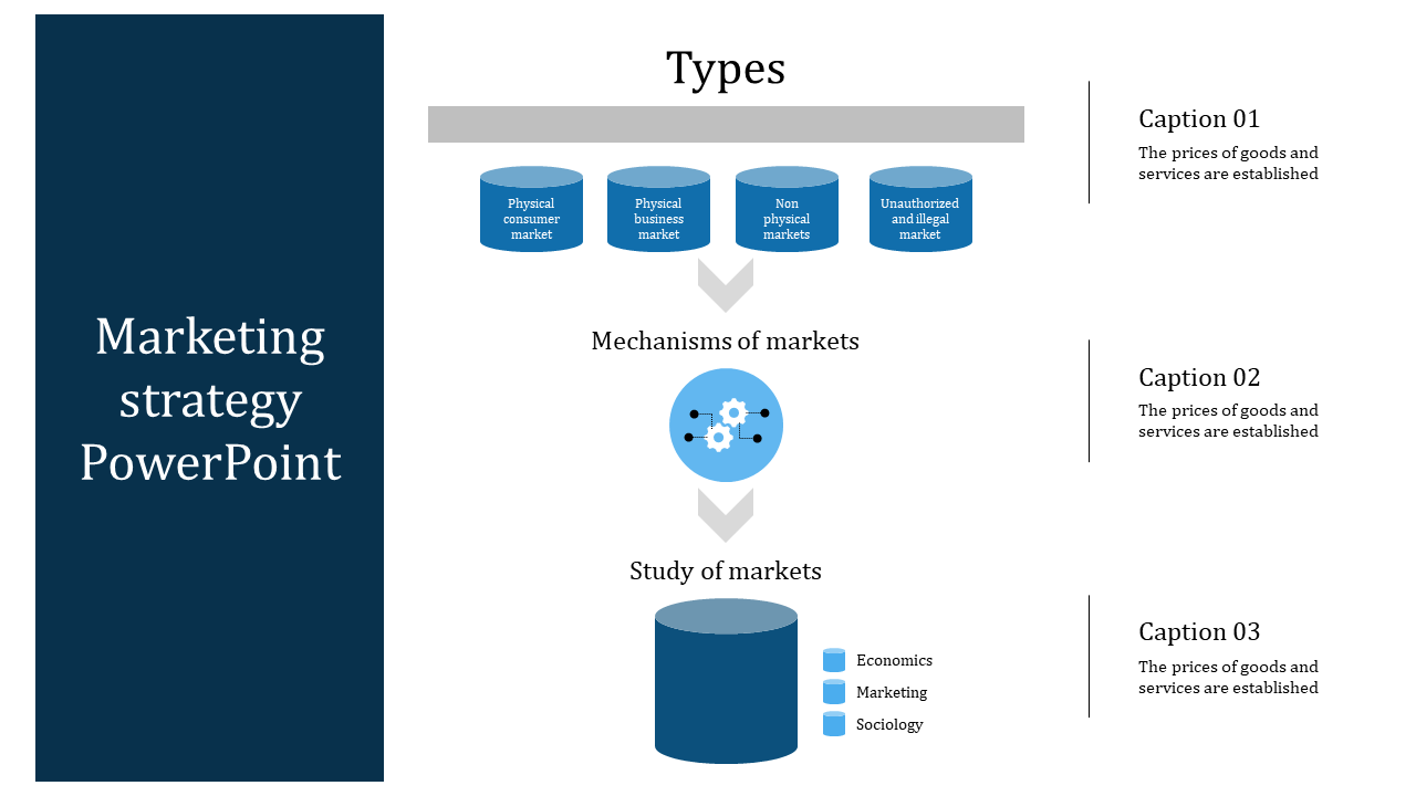 Structured blue slide featuring cylindrical shapes at the top and bottom, with a circular gear icon, in a vertical flow.