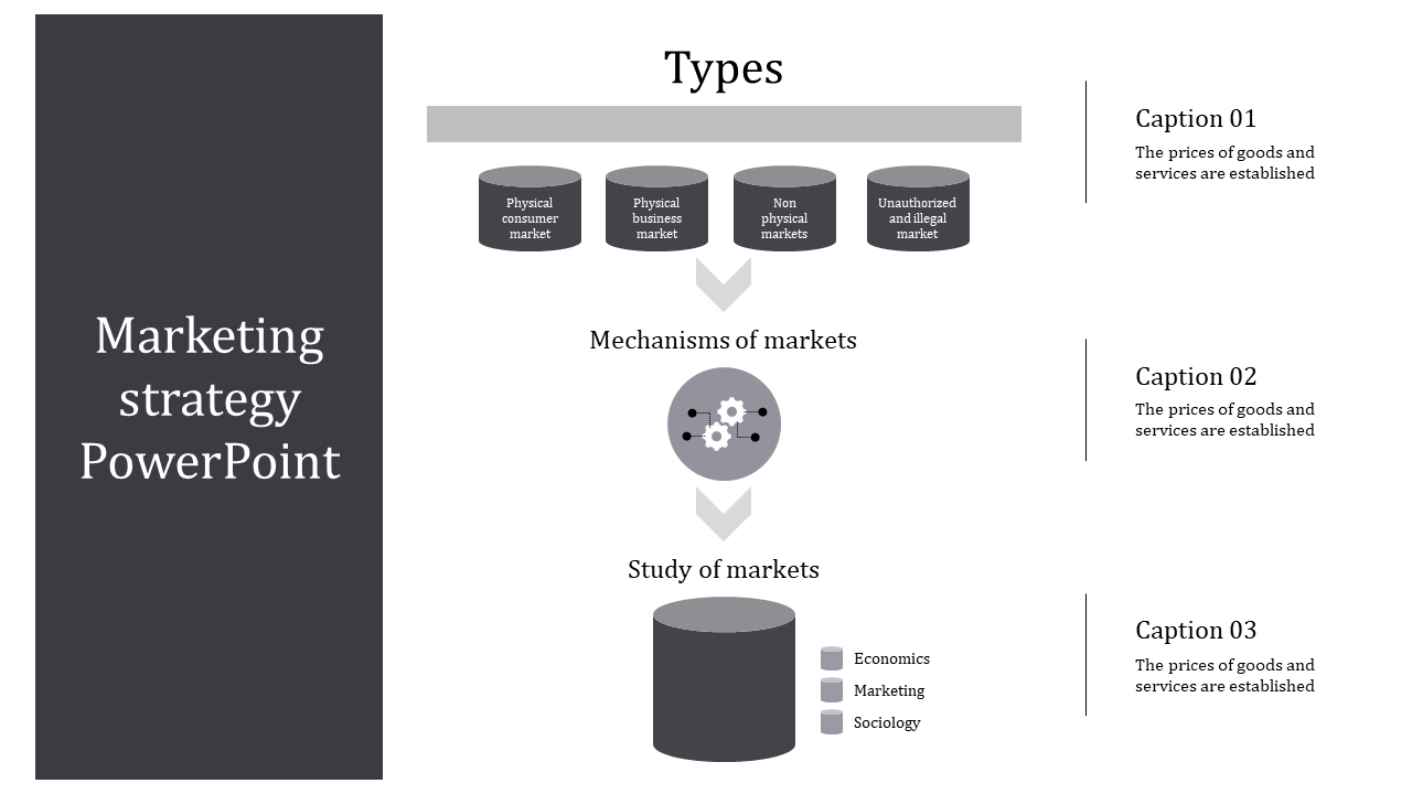 Gray themed slide with vertical flowchart layout, featuring cylinders, arrows, and a circular gear icon.
