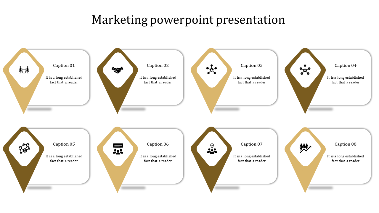 Marketing PowerPoint slide featuring eight sections in a diamond shape, each with captions and icons.