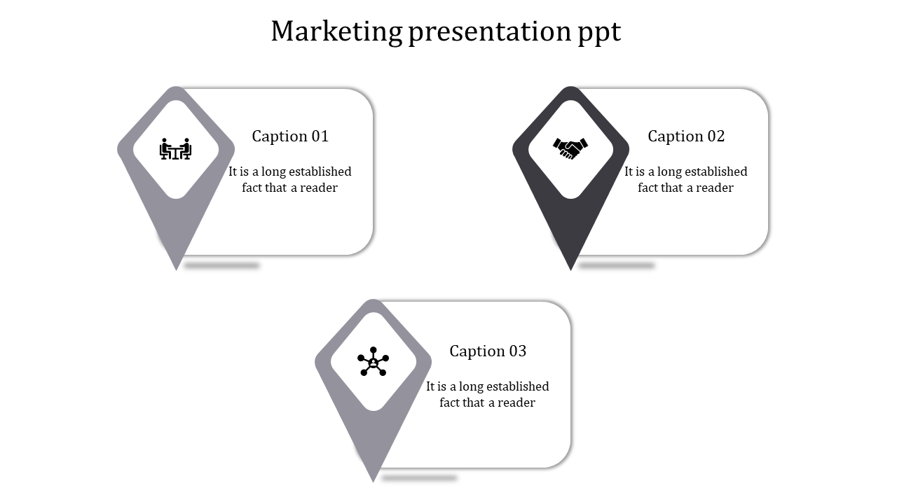 Triangular layout with three gray pins, each with a marketing icon and caption areas.
