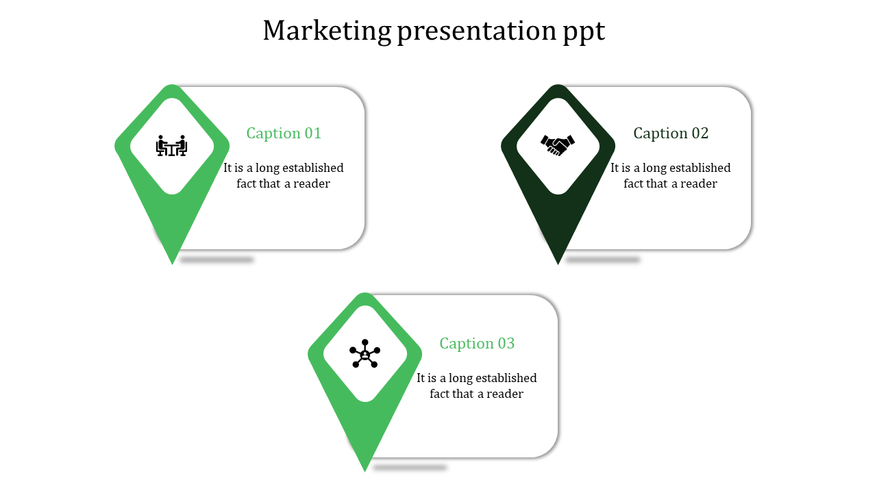 Marketing  template featuring three green location markers, each linked to a rectangular text box with an icon and caption.