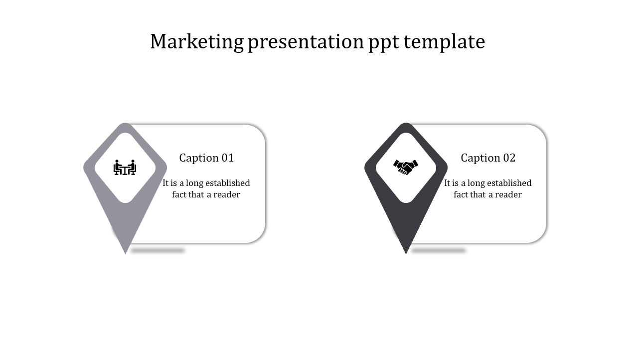 Minimalistic marketing PowerPoint template featuring two diamond shaped icons with corresponding captions.