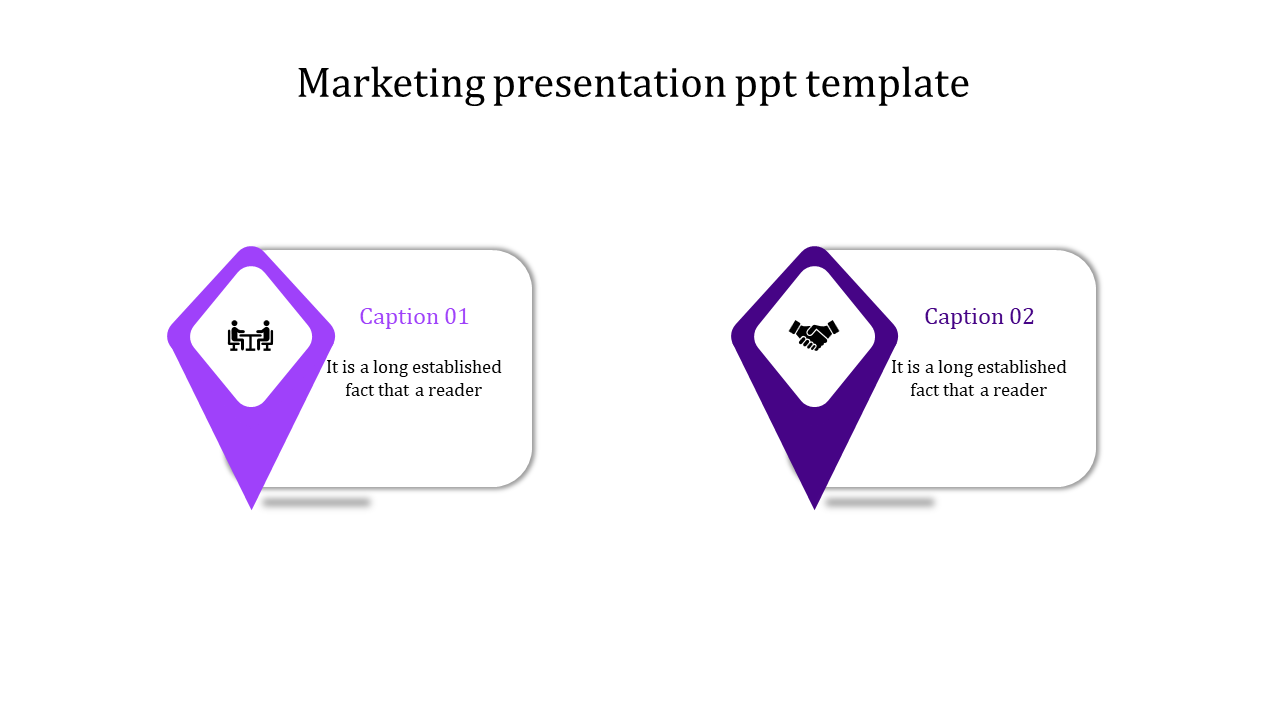 Purple and violet marketing presentation template with diamond shaped icons and corresponding captions.