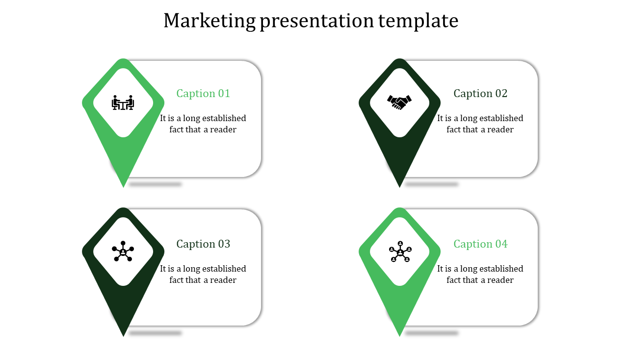 Marketing slide with four green diamond markers, featuring icons and text blocks arranged on a white background.