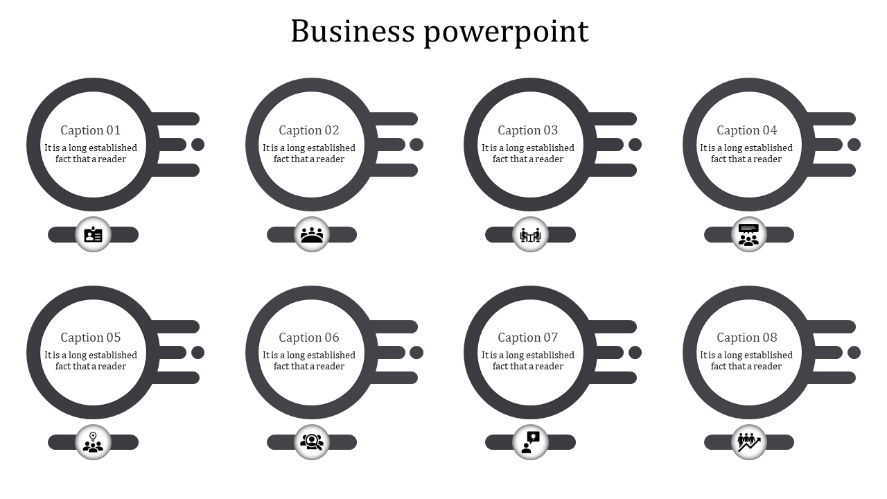 A business PowerPoint slide with eight sections, each with circular icons representing various business themes.