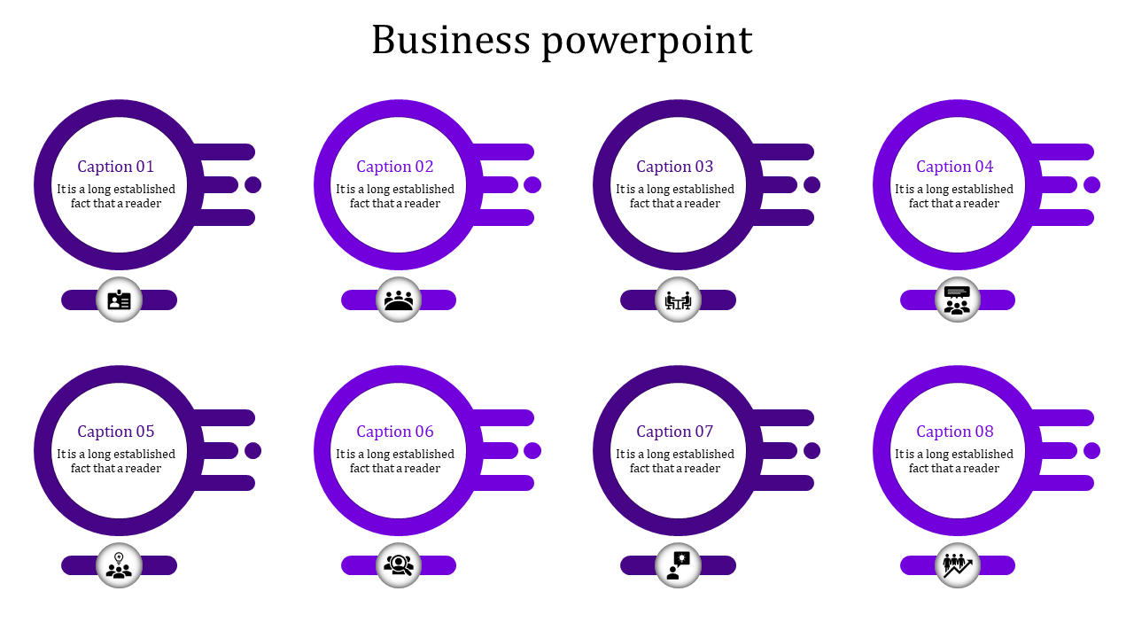 Minimalist layout with eight purple circular elements, captions, and corresponding icons in a two row structure.