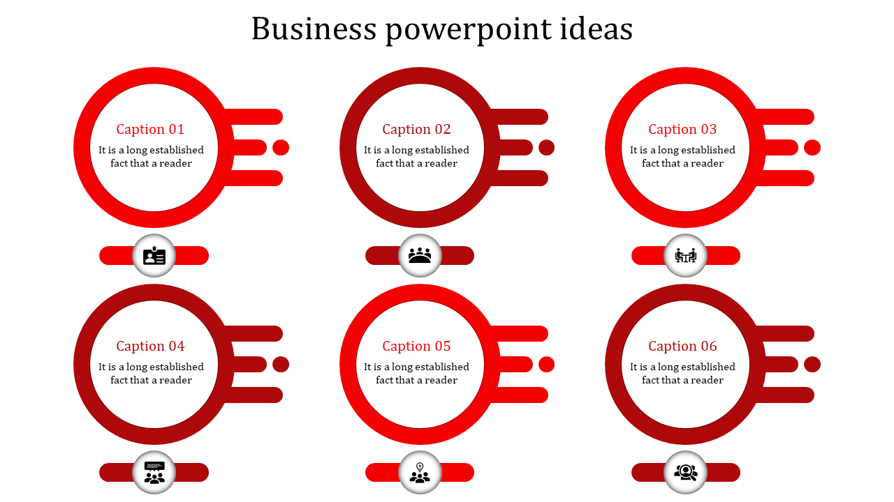 Modern business process infographic with six red circles, containing text and icons representing business strategies.