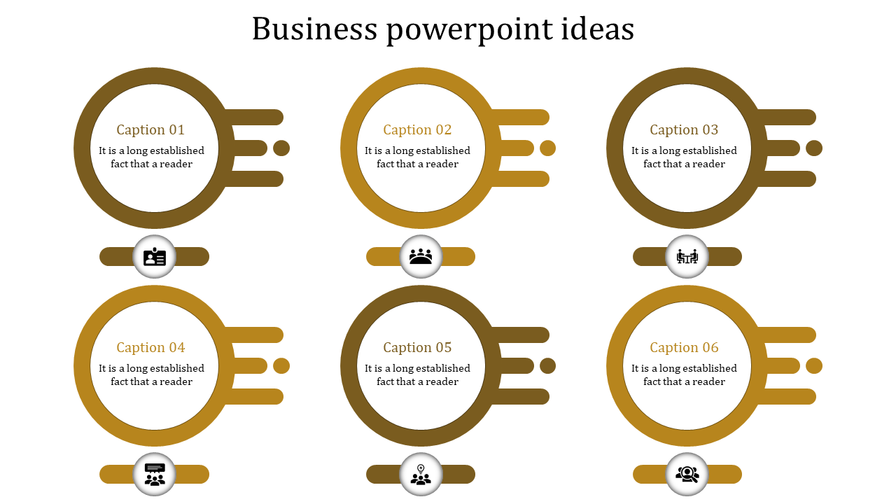 Business template featuring six yellow rings and icons paired with text, arranged symmetrically in two rows.