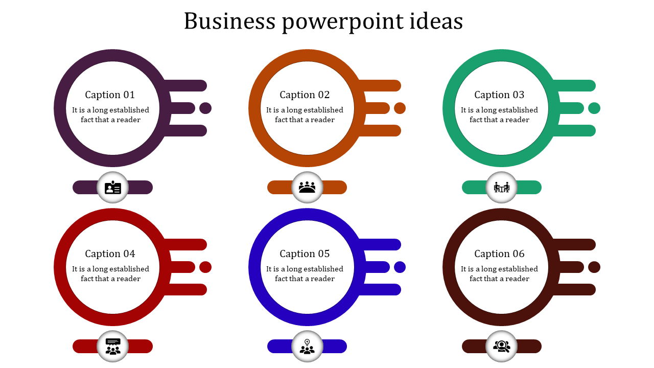 Modern business process infographic showing six circular elements with motion trails, captions inside, and icons below.