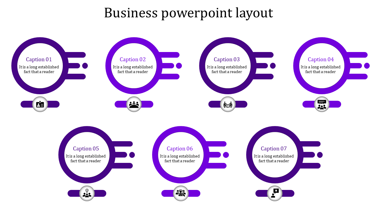 Business PowerPoint layout slide with seven sections, each featuring an icon and a caption related to business topics.