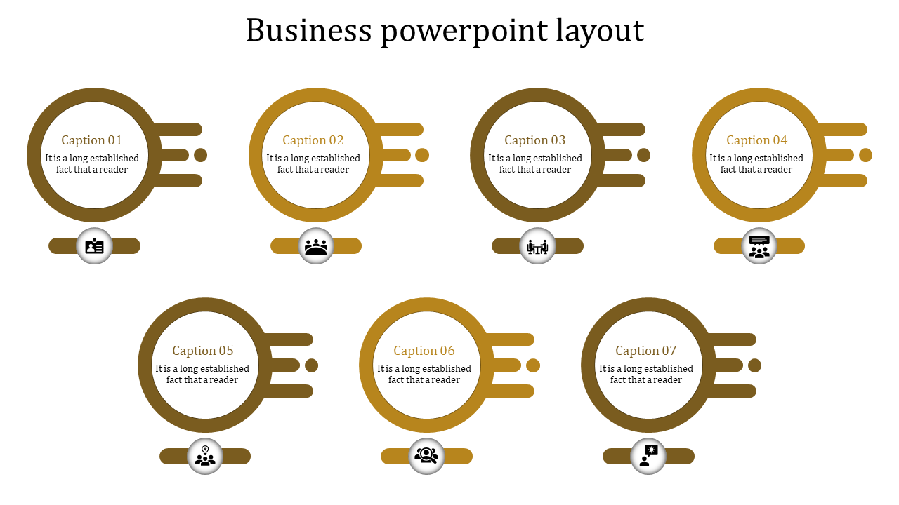 Business PowerPoint slide layout with seven sections, featuring various business related icons with corresponding captions.