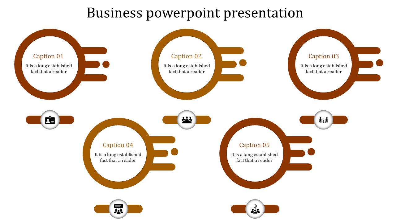 Business PowerPoint template featuring warm toned circular icons representing various business concepts.