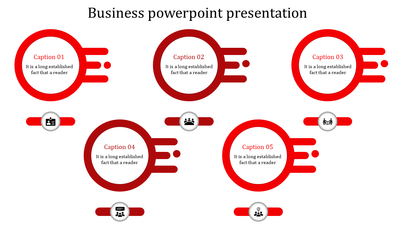 Business PowerPoint presentation template featuring vibrant red circles with icons representing business concepts.