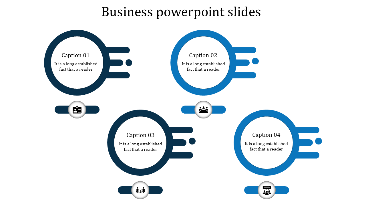Business PowerPoint slide featuring blue circles with icons representing various business concepts with captions.