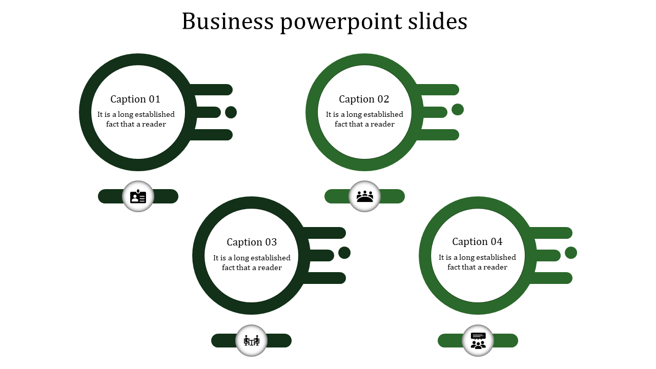 Business strategy flowchart featuring four interconnected circles in green, each containing and description, with icons.