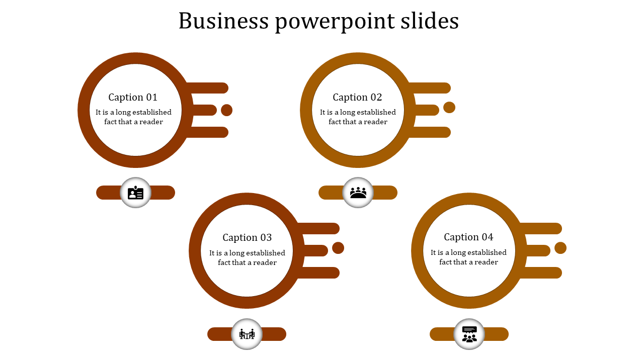 Four orange circular shapes with horizontal streaks on the right, featuring icons below, and captions inside.