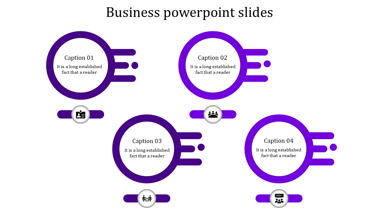 Professional business PPT slide with purple circles and icons for topics such as teamwork, leadership, and business operations.