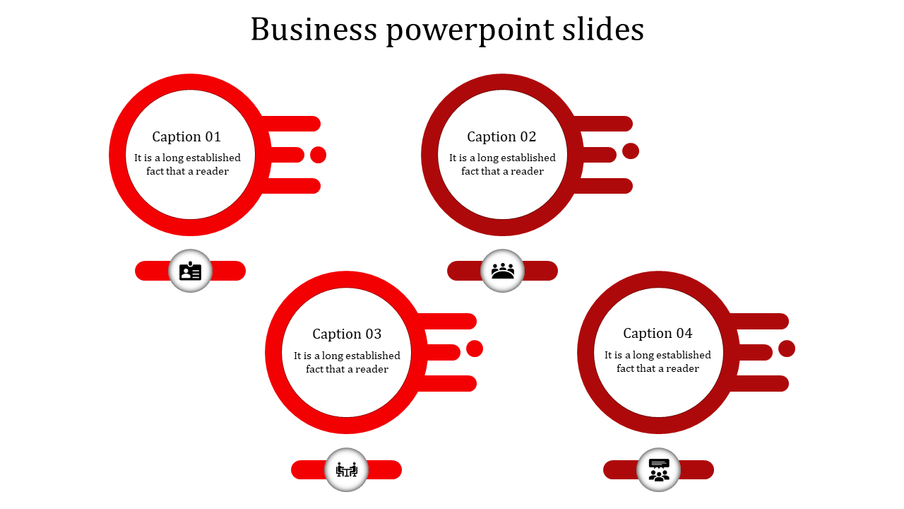Red themed slide with four circular elements extending horizontally, each featuring an icon and caption inside.