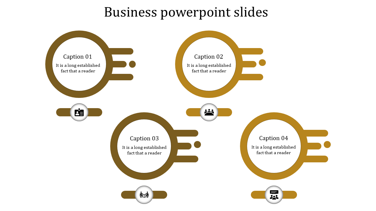 Professional business slide with purple circles and icons for topics such as teamwork, leadership, and business operations.