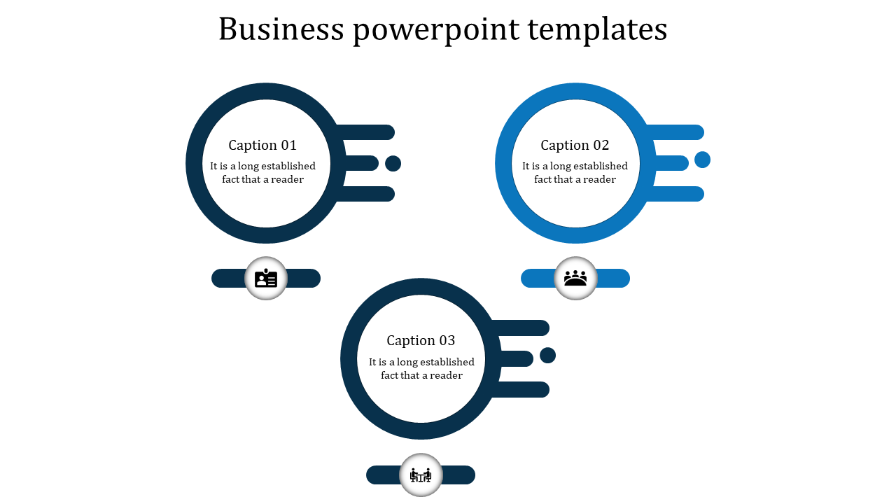 Three circular shapes in blue with icons and captions, organized in a simple triangular design.