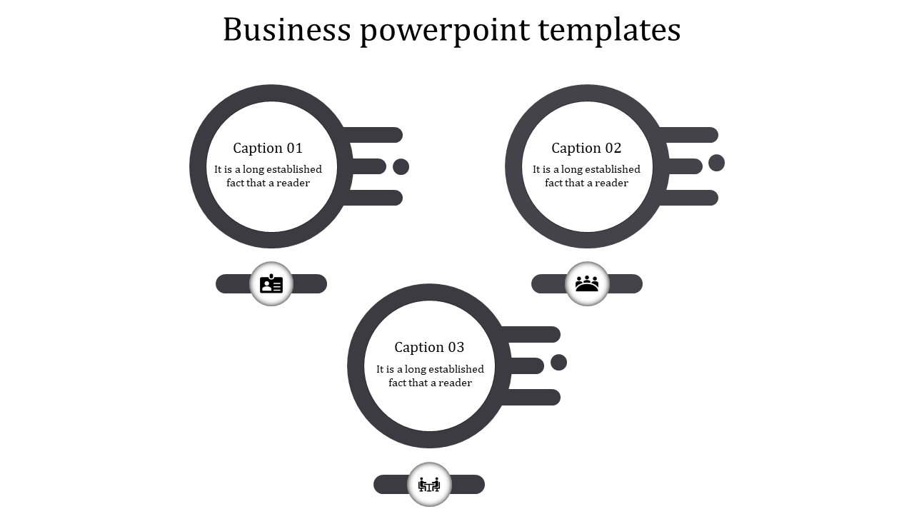 Gray themed business slide with three circular elements, horizontal lines, and icons, arranged in a triangular layout.