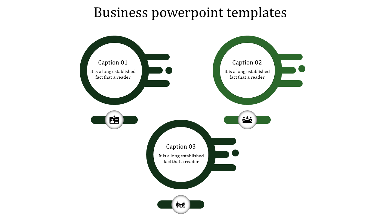 Business PPT slide with green themed circular icons representing business topics like management, leadership, and teamwork.