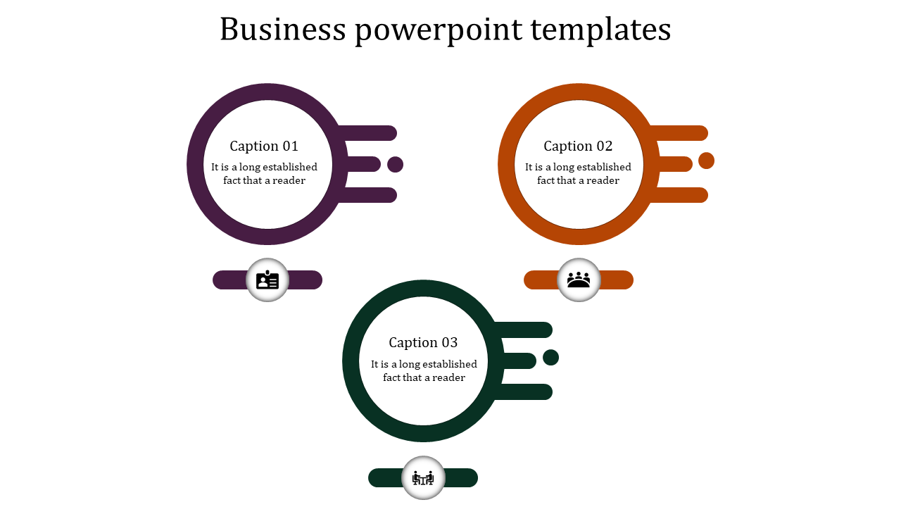 Business template displaying three interconnected circular shapes with a speed-motion effect, captions inside.