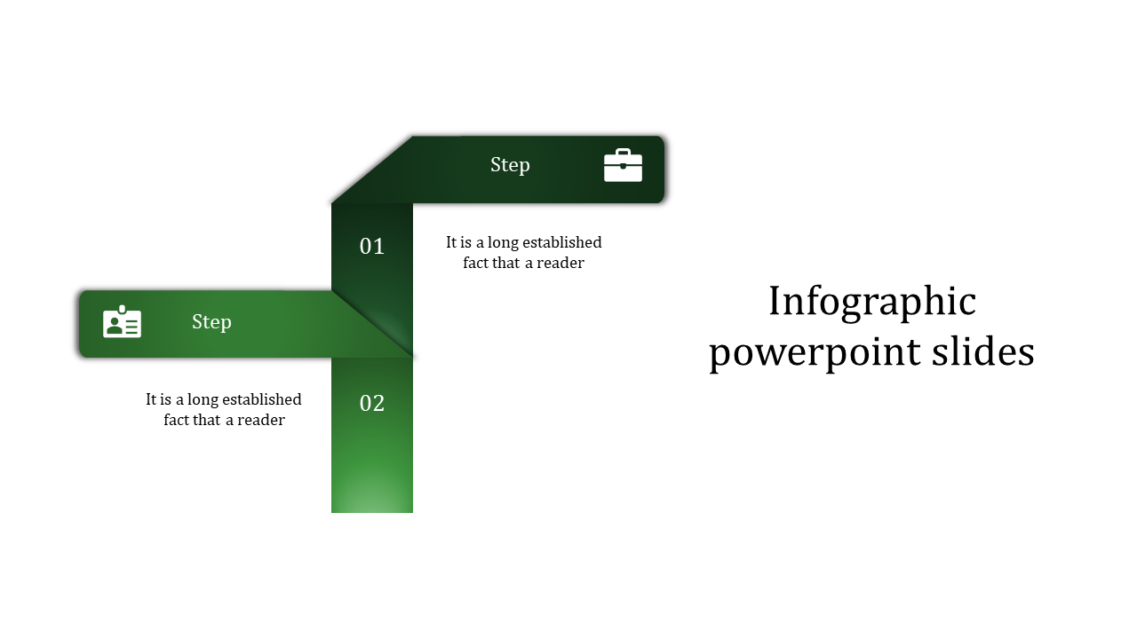 Infographic slide with a modern green gradient ribbon structure, numbered steps, and corporate-themed icons.