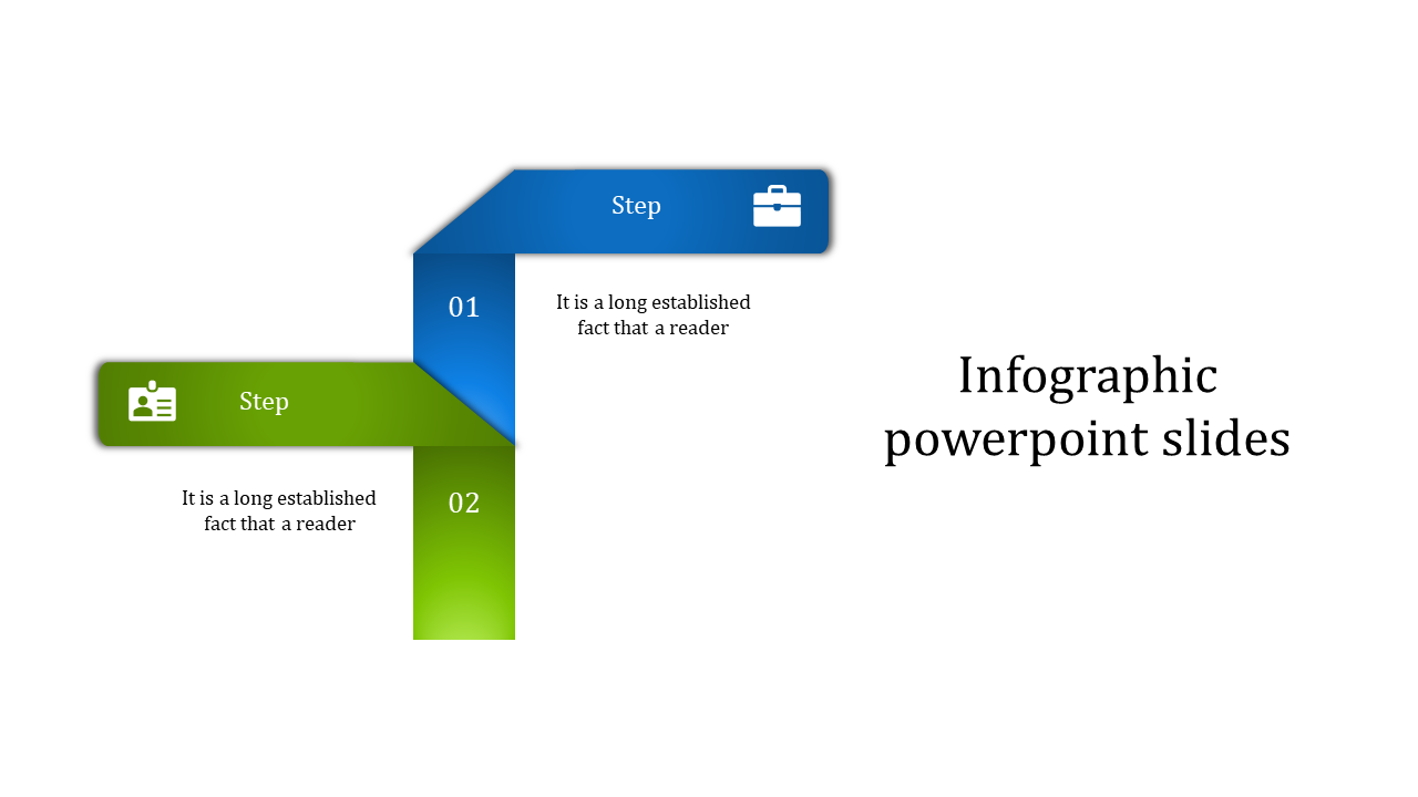Infographic design featuring blue and green gradient steps numbered 01 and 02 associated with icons and descriptions.