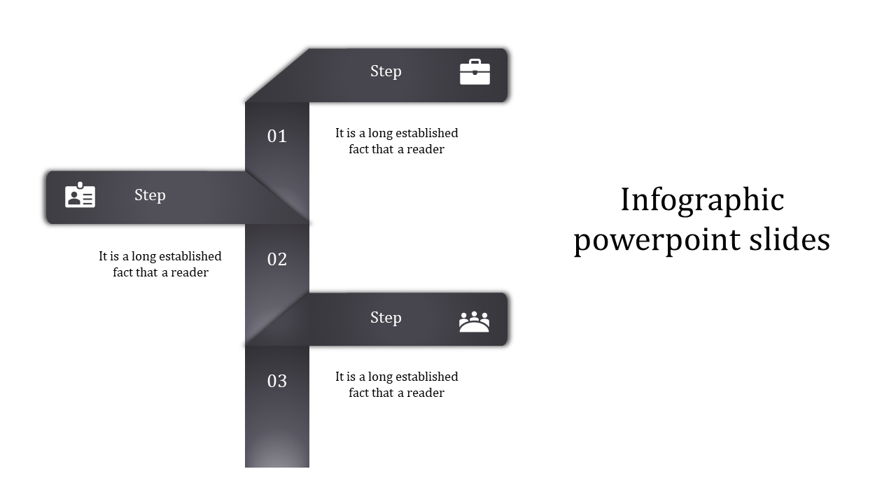 Three step infographic with gray gradient banners forming an F shape, featuring icons, numbers, and descriptions.