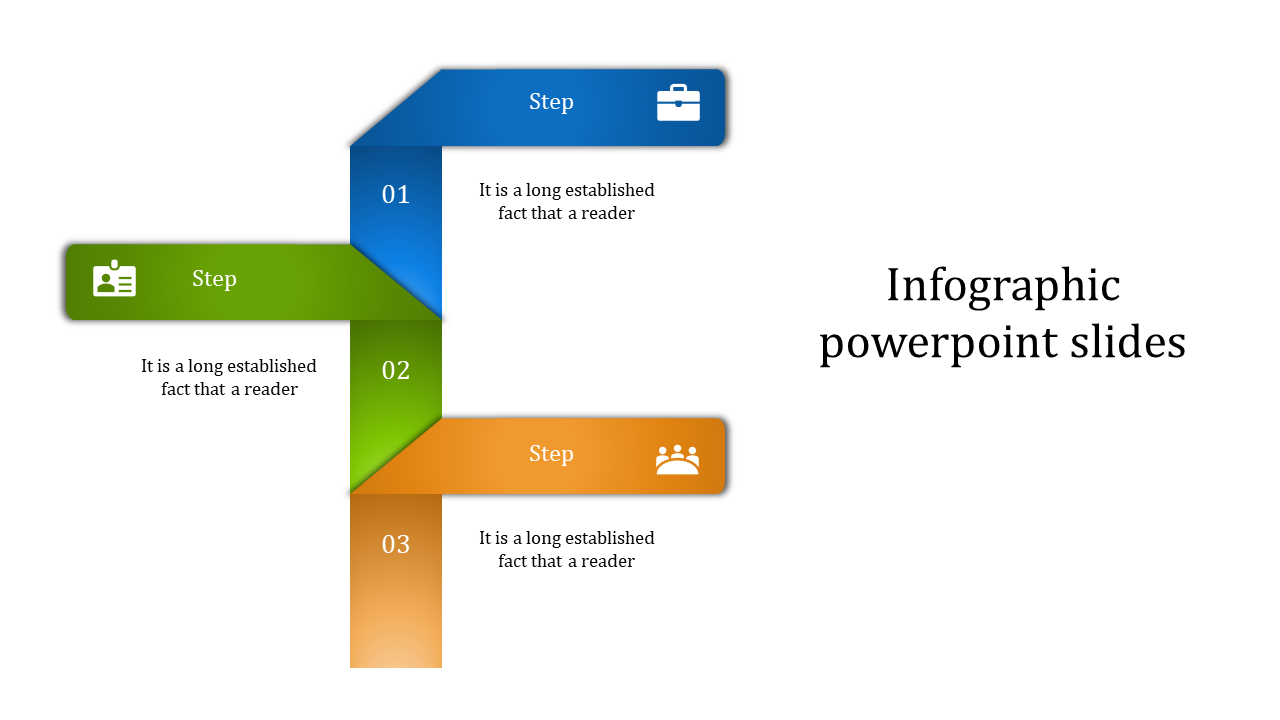 Colorful infographic PPT template with three steps, each step including an icon and description.