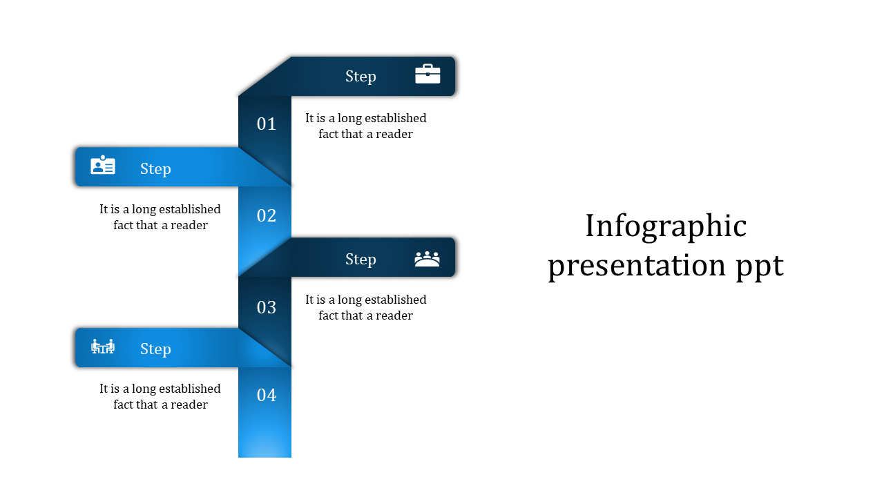 F shaped infographic featuring four blue gradient steps, each containing an icon, number, and descriptive text.
