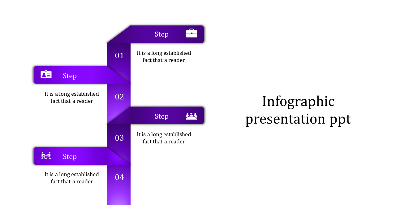 Infographic slide with purple banners arranged vertically and horizontally, labeled with steps 01 to 04 and icons.