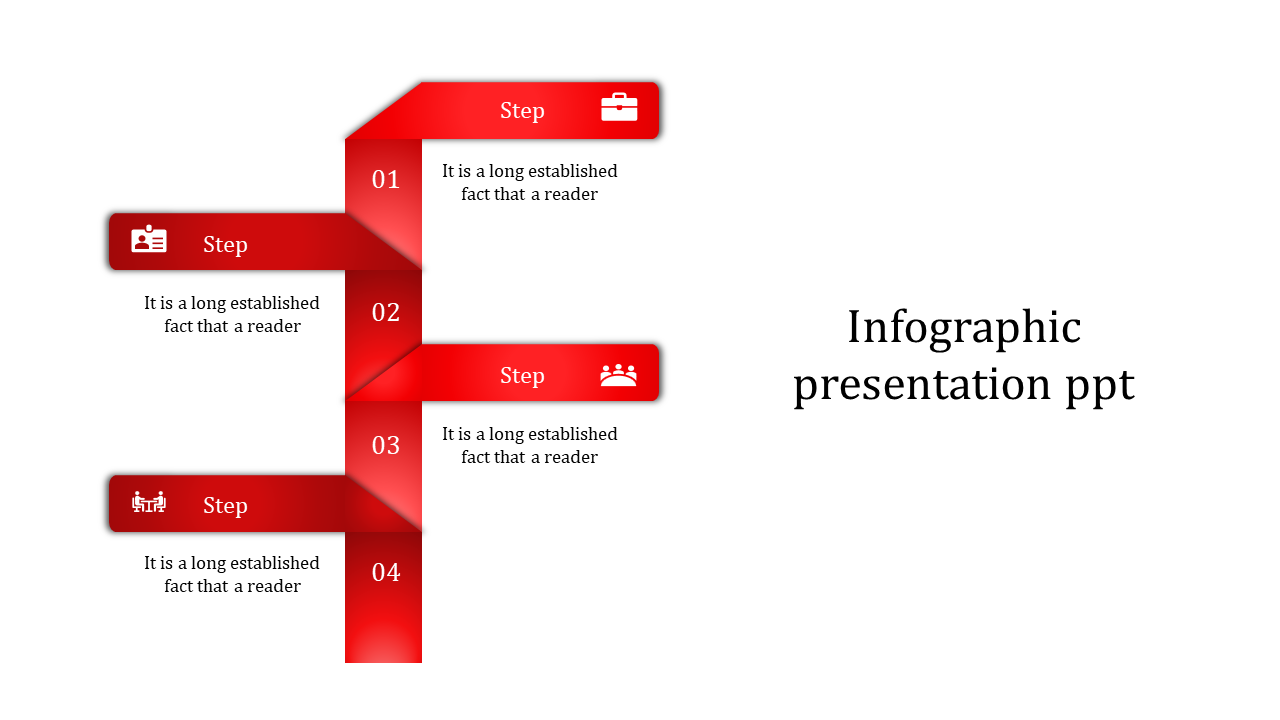 Four-step vertical infographic with red banners, numbered sections, and icons representing different business concepts.