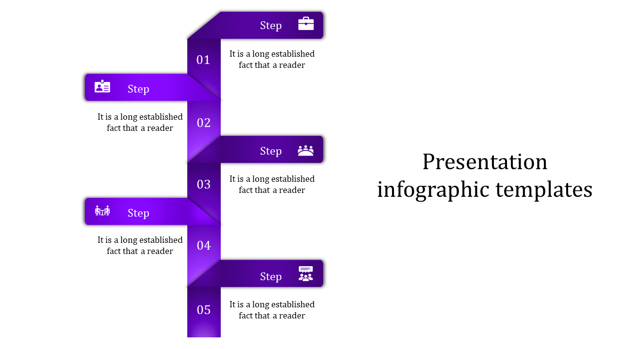 Infographic PowerPoint template with five purple steps, each featuring different icons and corresponding text.