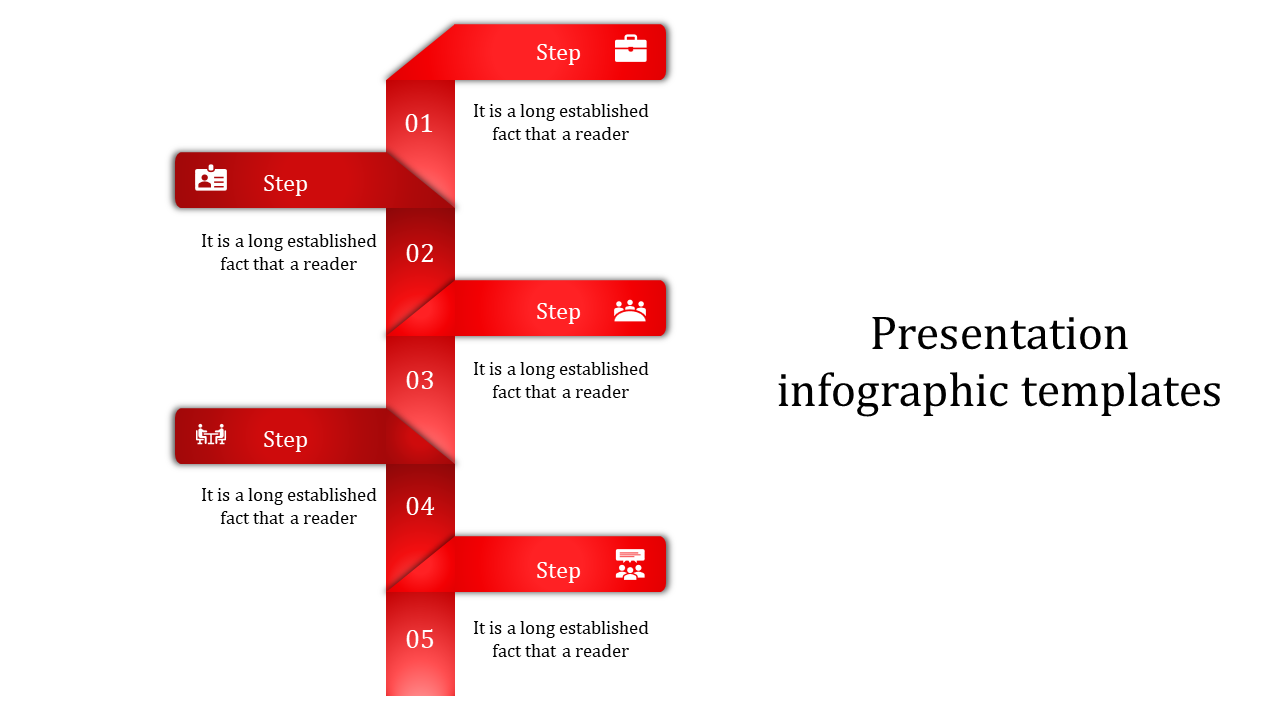 Slide design with five red steps arranged in an F shape, displaying icons, numbered labels, and placeholder text.