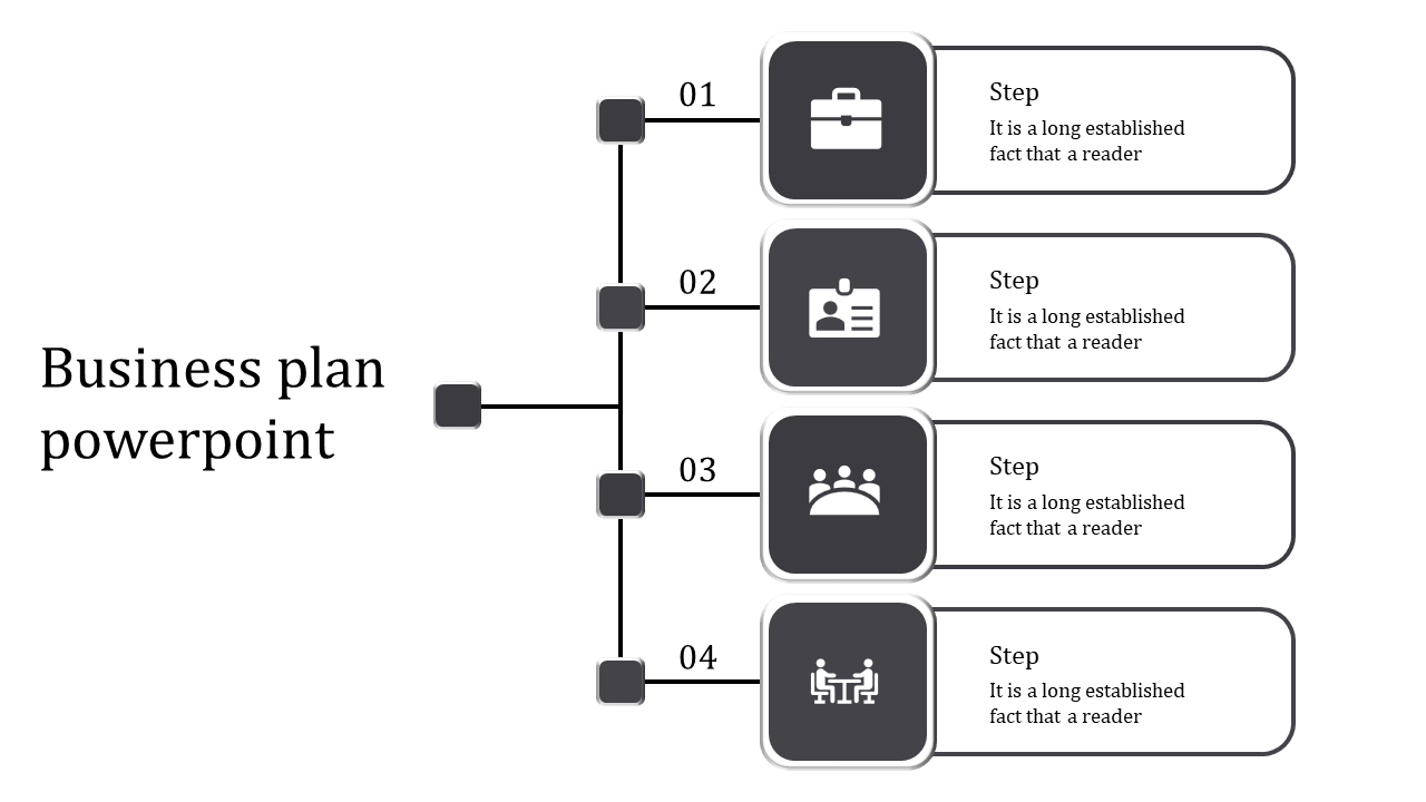 Business strategy flowchart in grayscale, linking four key steps with icons, illustrating a systematic planning process.