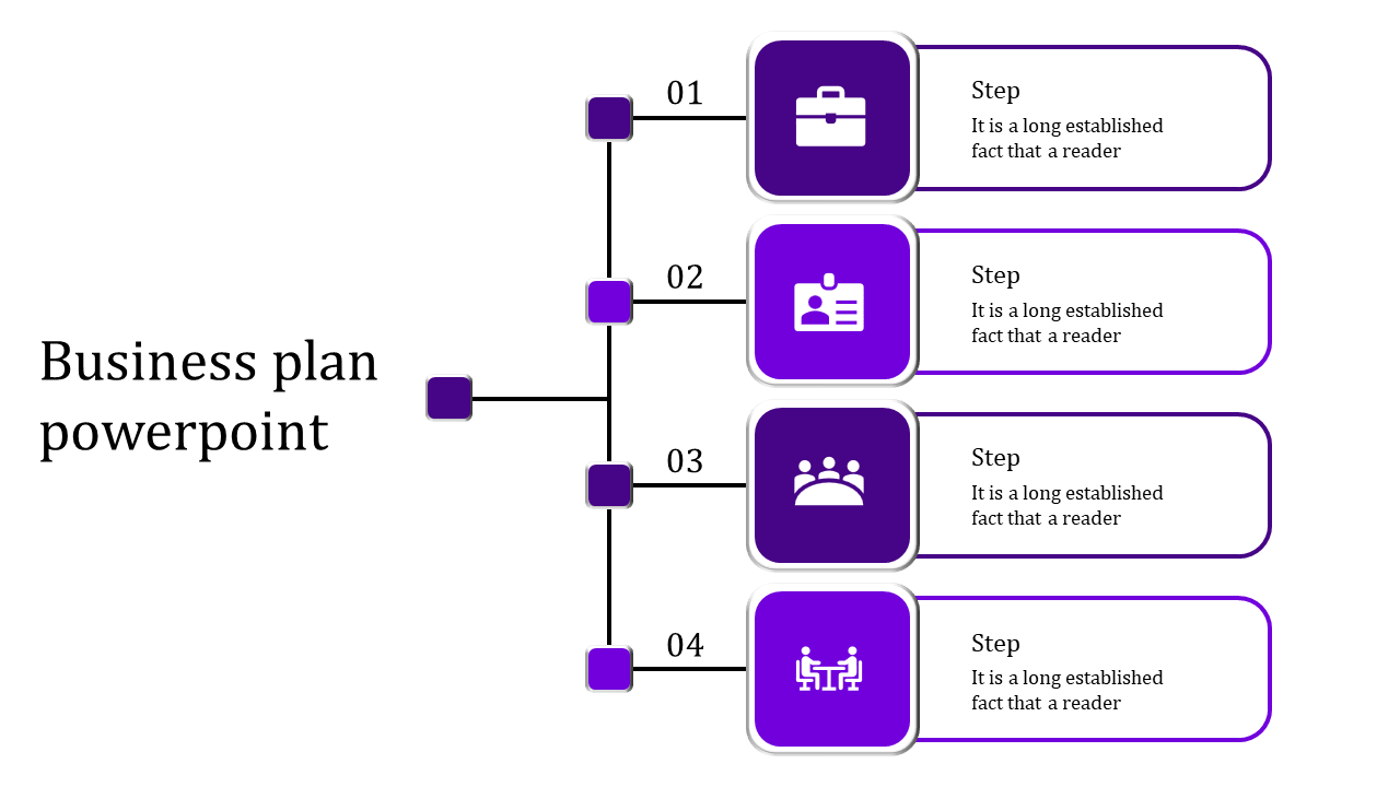 Business plan slide with four purple steps, each represented by icons for a briefcase, ID card, group, and meeting with text.