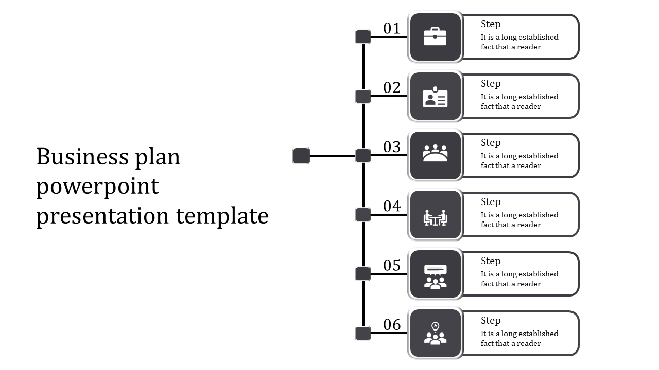 Slide featuring six sequential steps with gray icons and text blocks aligned on the right side of a vertical line.