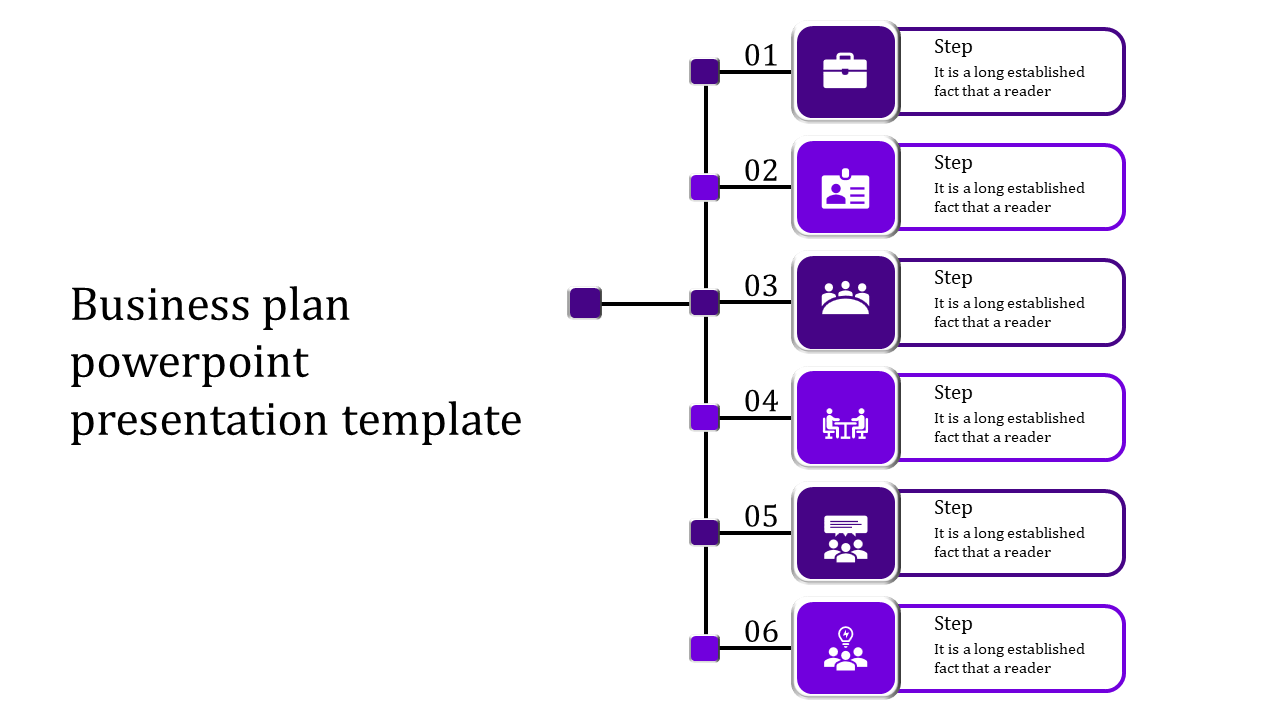 Minimalist workflow chart for business planning, showing six steps with icons and captions, visually representing a process.